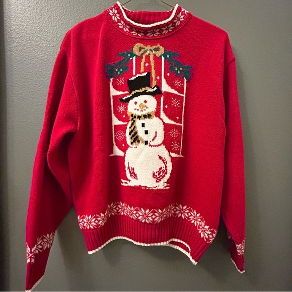 90’s Southern Lady VINTAGE UGLY CHRISTMAS SWEATER Snowman Snowflake Collar Large - Picture 1 of 9